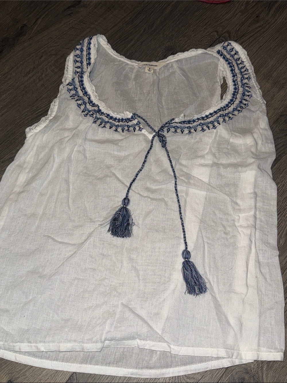 Lucky Brand White Gauzy Camisole with Blue Embroidery and Tassels